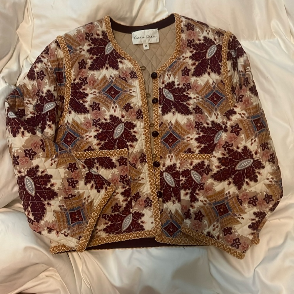 Cara Cara Quilted Floral Pattern Jacket in Burgundy, Mustard, Cream XS